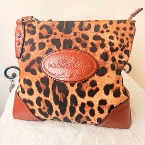 Dolce & Gabbana Leopard Crossbody Bag Brown Leather Trim Y2K Italy Vintage